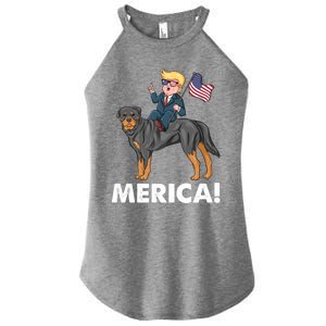 Trump Merica Riding A Rottweiler Dog Patriotic 4th July Great Gift Women's Perfect Tri Rocker Tank