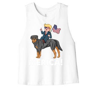 Trump Merica Riding A Rottweiler Dog Patriotic 4th July Great Gift Women's Racerback Cropped Tank