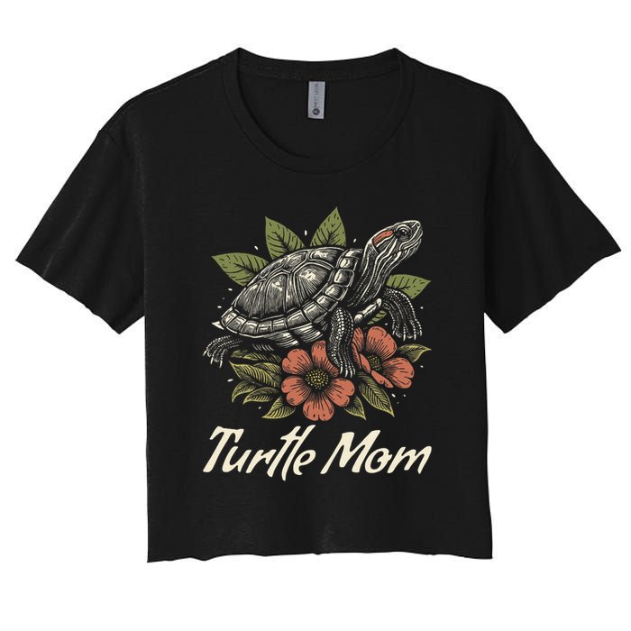 Turtle Mom Red-Eared Slider Lover Reptile Beautiful Floral Women's Crop Top Tee