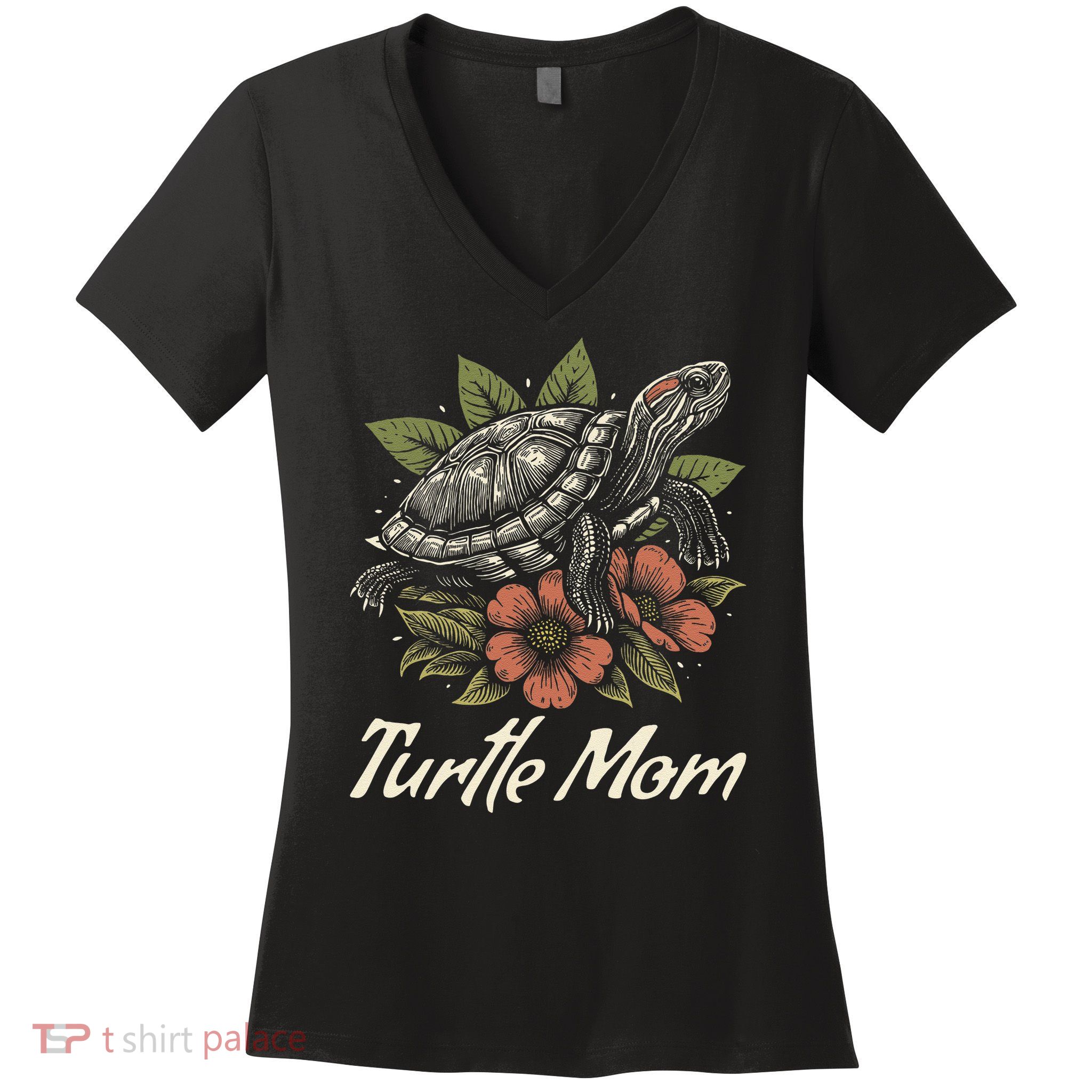 Turtle Mom Red-Eared Slider Lover Reptile Beautiful Floral Women's V-Neck T-Shirt