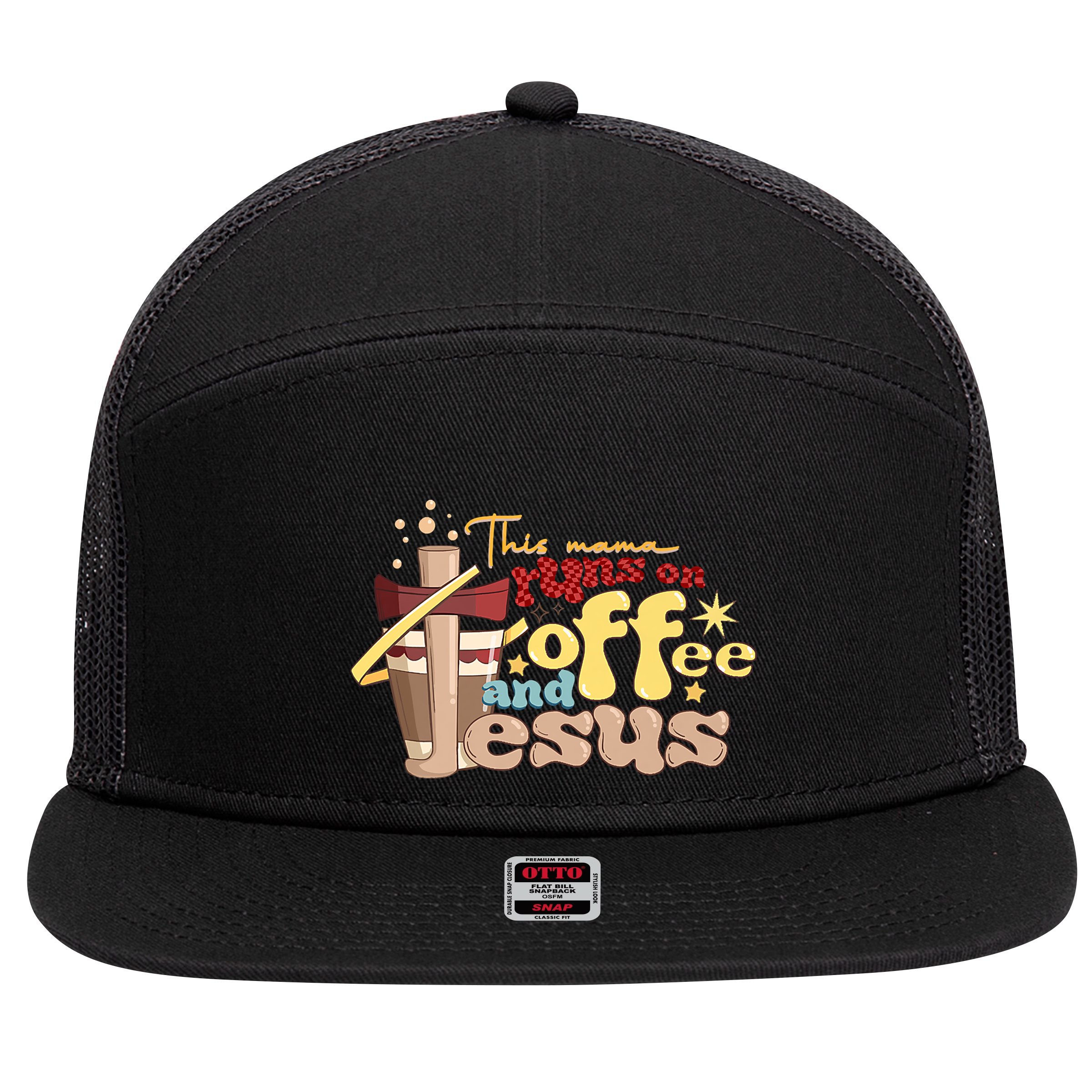 This Mom Runs On Coffee And Jesus! 7 Panel Mesh Trucker Snapback Hat