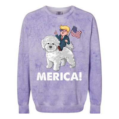 Trump Merica Riding A Bichon Frise Dog 4th July Great Gift Colorblast Crewneck Sweatshirt