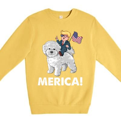 Trump Merica Riding A Bichon Frise Dog 4th July Great Gift Premium Crewneck Sweatshirt