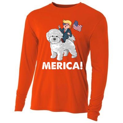 Trump Merica Riding A Bichon Frise Dog 4th July Great Gift Cooling Performance Long Sleeve Crew