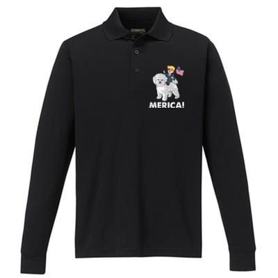 Trump Merica Riding A Bichon Frise Dog 4th July Great Gift Performance Long Sleeve Polo