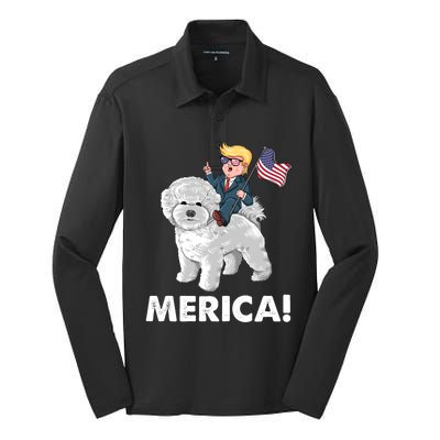 Trump Merica Riding A Bichon Frise Dog 4th July Great Gift Silk Touch Performance Long Sleeve Polo