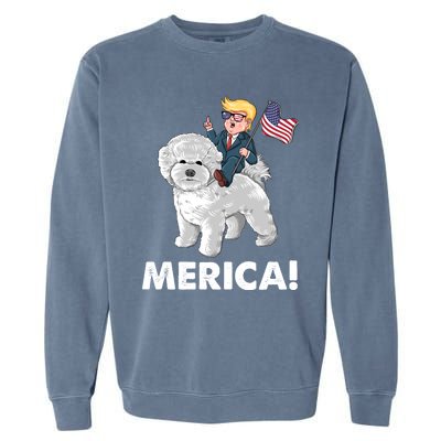 Trump Merica Riding A Bichon Frise Dog 4th July Great Gift Garment-Dyed Sweatshirt