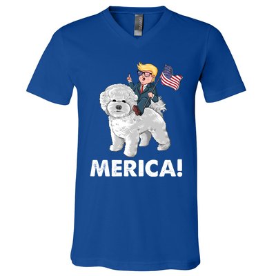 Trump Merica Riding A Bichon Frise Dog 4th July Great Gift V-Neck T-Shirt