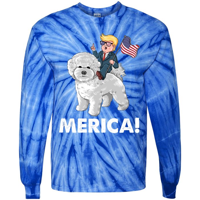 Trump Merica Riding A Bichon Frise Dog 4th July Great Gift Tie-Dye Long Sleeve Shirt