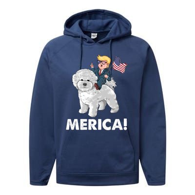 Trump Merica Riding A Bichon Frise Dog 4th July Great Gift Performance Fleece Hoodie