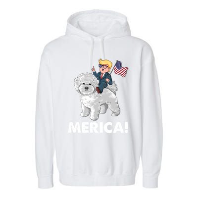 Trump Merica Riding A Bichon Frise Dog 4th July Great Gift Garment-Dyed Fleece Hoodie