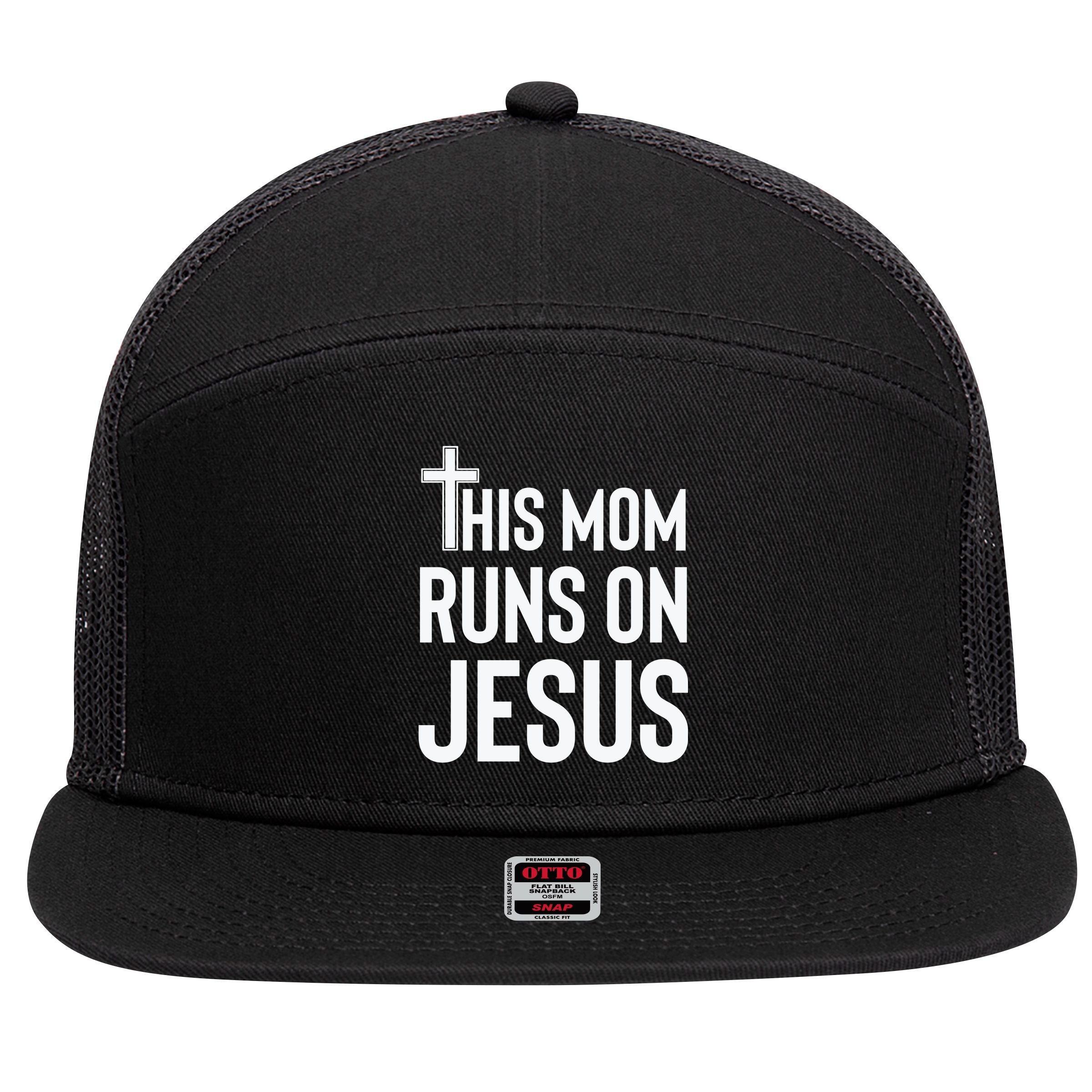This Mom Runs On Jesus Christian Mother's Day 7 Panel Mesh Trucker Snapback Hat