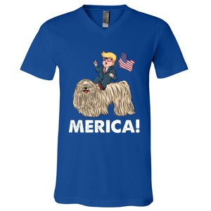 Trump Merica Riding A Puli Dog Patriotic 4th July Gift V-Neck T-Shirt