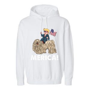 Trump Merica Riding A Puli Dog Patriotic 4th July Gift Garment-Dyed Fleece Hoodie