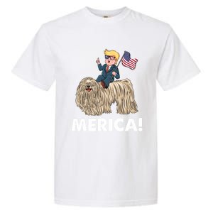 Trump Merica Riding A Puli Dog Patriotic 4th July Gift Garment-Dyed Heavyweight T-Shirt