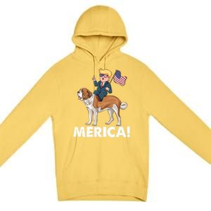 Trump Merica Riding A Saint Bernard Dog Patriotic 4th July Cute Gift Premium Pullover Hoodie