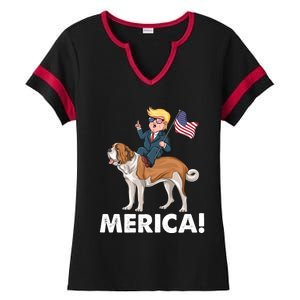 Trump Merica Riding A Saint Bernard Dog Patriotic 4th July Cute Gift Ladies Halftime Notch Neck Tee