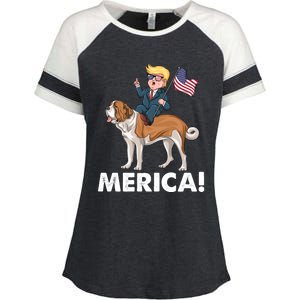 Trump Merica Riding A Saint Bernard Dog Patriotic 4th July Cute Gift Enza Ladies Jersey Colorblock Tee