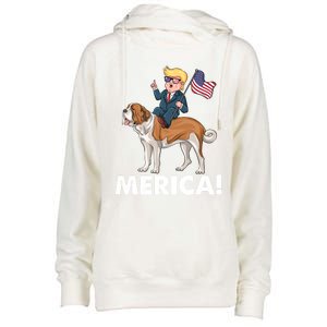 Trump Merica Riding A Saint Bernard Dog Patriotic 4th July Cute Gift Womens Funnel Neck Pullover Hood