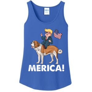 Trump Merica Riding A Saint Bernard Dog Patriotic 4th July Cute Gift Ladies Essential Tank