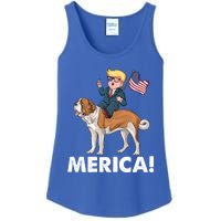 Trump Merica Riding A Saint Bernard Dog Patriotic 4th July Cute Gift Ladies Essential Tank