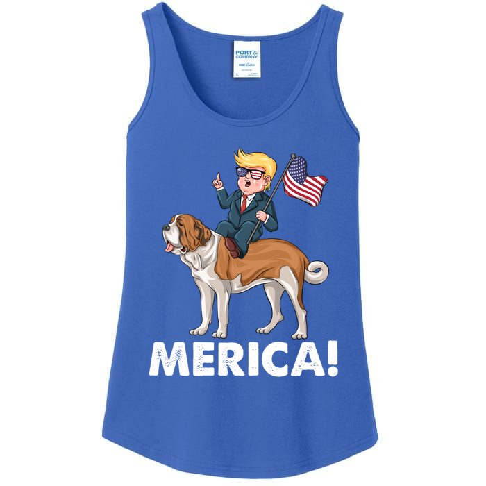 Trump Merica Riding A Saint Bernard Dog Patriotic 4th July Cute Gift Ladies Essential Tank