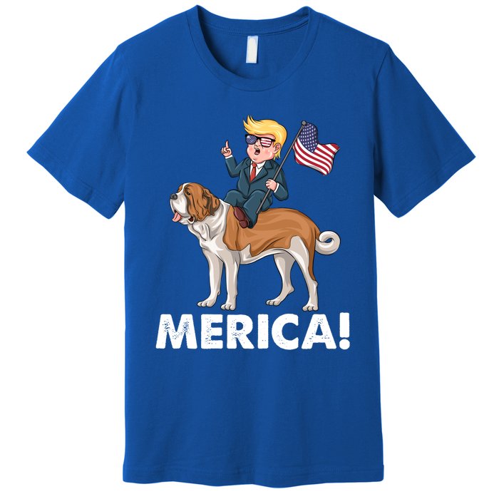 Trump Merica Riding A Saint Bernard Dog Patriotic 4th July Cute Gift Premium T-Shirt