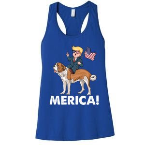 Trump Merica Riding A Saint Bernard Dog Patriotic 4th July Cute Gift Women's Racerback Tank