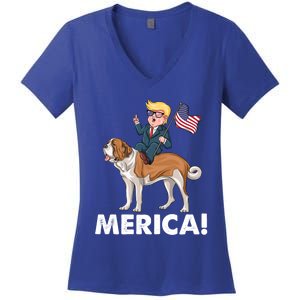 Trump Merica Riding A Saint Bernard Dog Patriotic 4th July Cute Gift Women's V-Neck T-Shirt