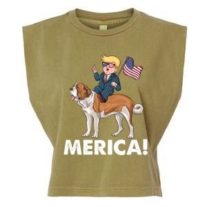 Trump Merica Riding A Saint Bernard Dog Patriotic 4th July Cute Gift Garment-Dyed Women's Muscle Tee