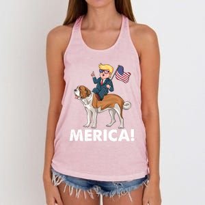 Trump Merica Riding A Saint Bernard Dog Patriotic 4th July Cute Gift Women's Knotted Racerback Tank