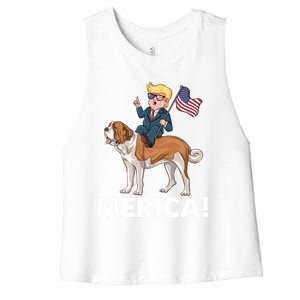 Trump Merica Riding A Saint Bernard Dog Patriotic 4th July Cute Gift Women's Racerback Cropped Tank