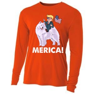 Trump Merica Riding A Samoyed Dog Patriotic 4th July Gift Cooling Performance Long Sleeve Crew