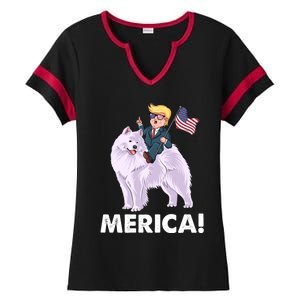 Trump Merica Riding A Samoyed Dog Patriotic 4th July Gift Ladies Halftime Notch Neck Tee