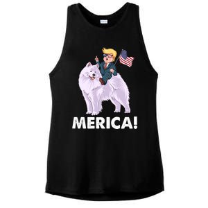 Trump Merica Riding A Samoyed Dog Patriotic 4th July Gift Ladies PosiCharge Tri-Blend Wicking Tank