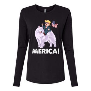 Trump Merica Riding A Samoyed Dog Patriotic 4th July Gift Womens Cotton Relaxed Long Sleeve T-Shirt