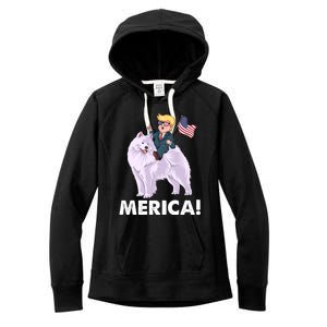 Trump Merica Riding A Samoyed Dog Patriotic 4th July Gift Women's Fleece Hoodie