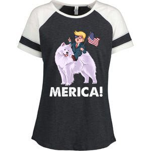 Trump Merica Riding A Samoyed Dog Patriotic 4th July Gift Enza Ladies Jersey Colorblock Tee