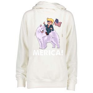 Trump Merica Riding A Samoyed Dog Patriotic 4th July Gift Womens Funnel Neck Pullover Hood