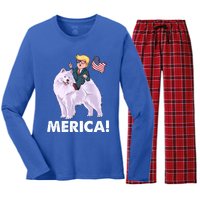 Trump Merica Riding A Samoyed Dog Patriotic 4th July Gift Women's Long Sleeve Flannel Pajama Set 