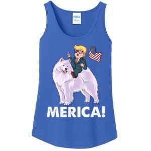 Trump Merica Riding A Samoyed Dog Patriotic 4th July Gift Ladies Essential Tank