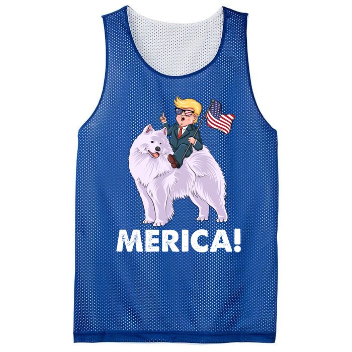 Trump Merica Riding A Samoyed Dog Patriotic 4th July Gift Mesh Reversible Basketball Jersey Tank