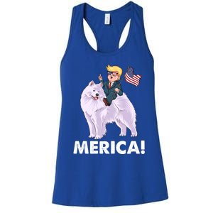 Trump Merica Riding A Samoyed Dog Patriotic 4th July Gift Women's Racerback Tank