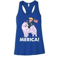 Trump Merica Riding A Samoyed Dog Patriotic 4th July Gift Women's Racerback Tank