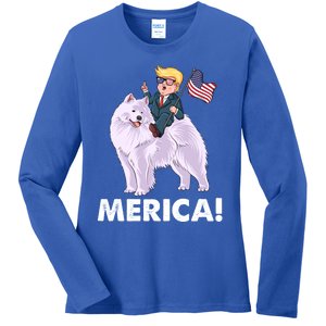 Trump Merica Riding A Samoyed Dog Patriotic 4th July Gift Ladies Long Sleeve Shirt