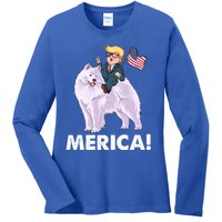 Trump Merica Riding A Samoyed Dog Patriotic 4th July Gift Ladies Long Sleeve Shirt