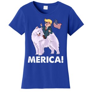 Trump Merica Riding A Samoyed Dog Patriotic 4th July Gift Women's T-Shirt