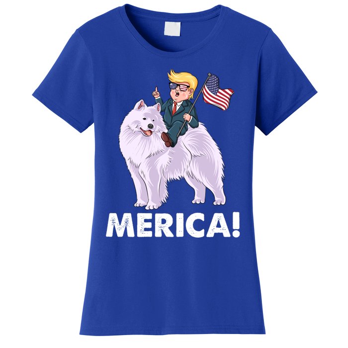 Trump Merica Riding A Samoyed Dog Patriotic 4th July Gift Women's T-Shirt