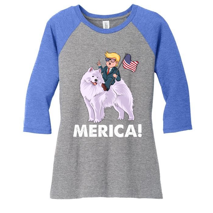 Trump Merica Riding A Samoyed Dog Patriotic 4th July Gift Women's Tri-Blend 3/4-Sleeve Raglan Shirt