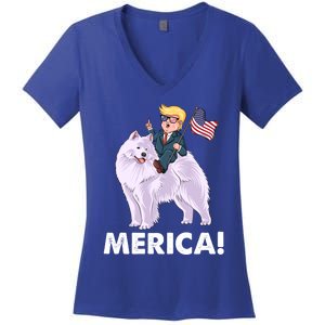 Trump Merica Riding A Samoyed Dog Patriotic 4th July Gift Women's V-Neck T-Shirt